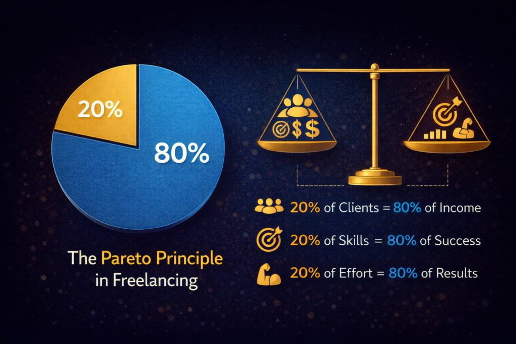 80/20 Pareto Principle for freelancing success showing how 20% of clients generate 80% of income and 20% of skills drive 80% of results