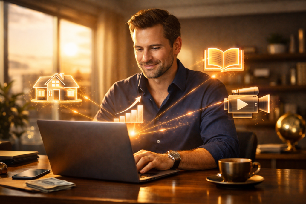 Professional working on laptop home office with holographic symbols of real estate, stocks, and digital products, illustrating how to create multiple income streams while working a full time job.
