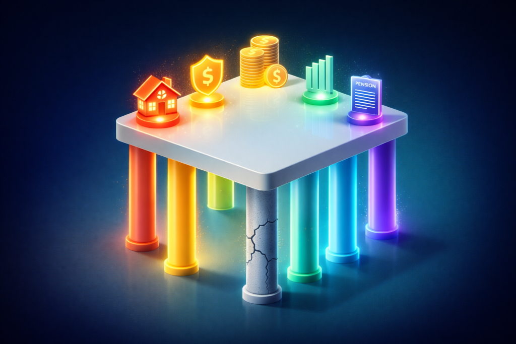 3D illustration of a financial safety net supported by multiple colorful pillars, representing the stability of income diversification against job loss in 2025 and recession proofing.