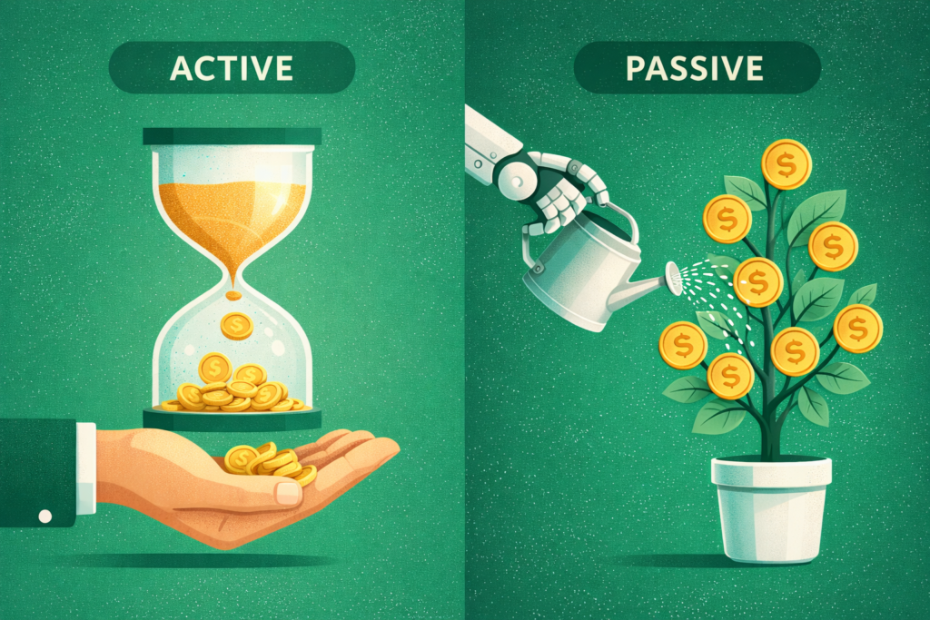 Comparison infographic showing active income hourglass trading time for money versus passive income automated money tree, defining the difference in various revenue streams.
