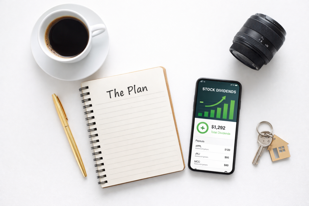 Flat lay workspace desk with tools for 7 proven side hustles including dividend investing apps, real estate keys, and content creation camera gear for employed professionals.
