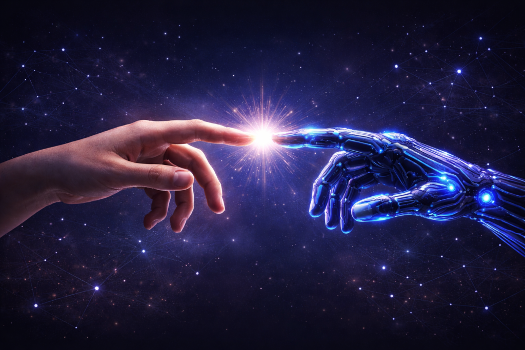 uman-AI collaboration concept showing partnership between humans and agentic AI systems working together to transform how we work and live