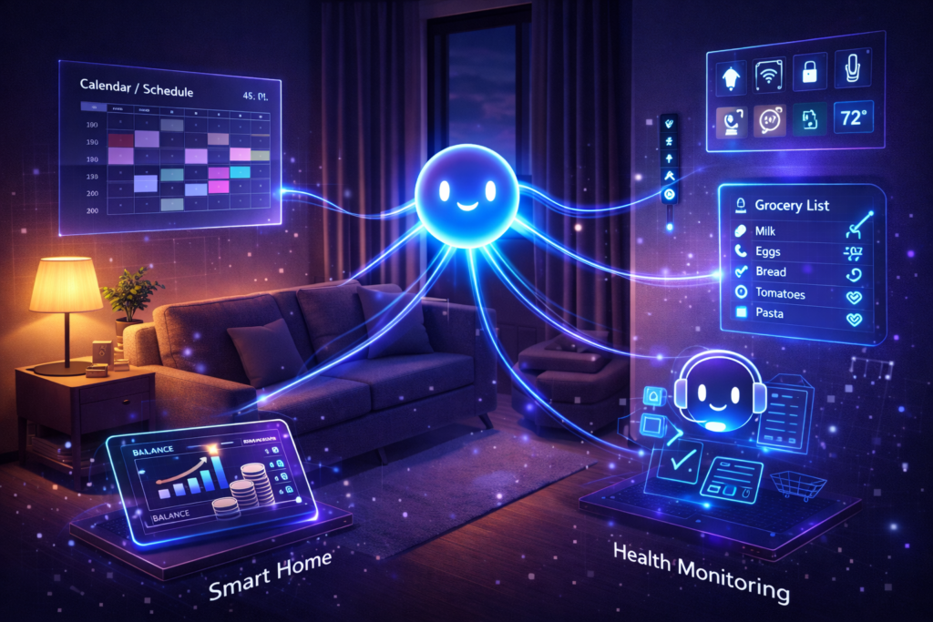 Agentic AI in daily life illustration showing smart home integration with personal assistant, health monitoring, financial management, and automated scheduling