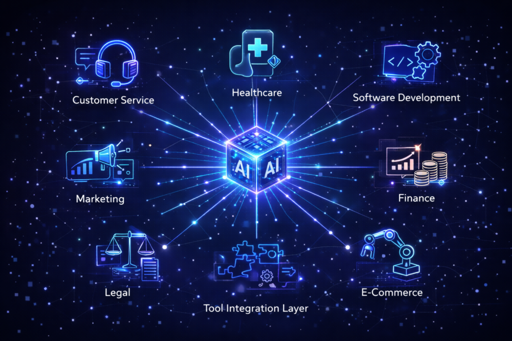 Real world applications of agentic AI across industries including customer service, healthcare, software development, finance, e-commerce, legal, and marketing