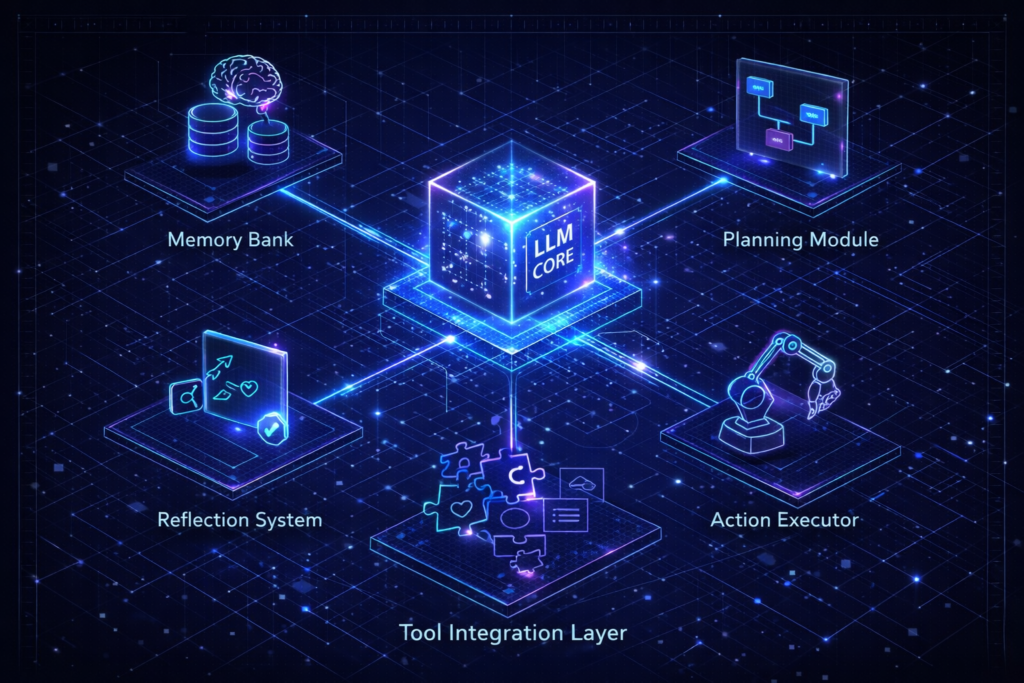 Key components of agentic AI systems architecture showing LLM core, memory systems, planning module, tool integration layer, and reflection capabilities