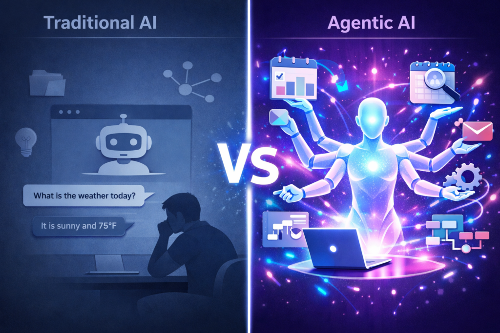 Agentic AI vs traditional AI comparison showing the difference between reactive chatbots and autonomous goal-oriented AI agents