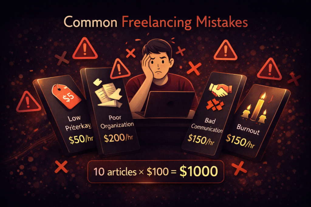 Common freelancing and side hustle mistakes to avoid in 2026 including undercharging, poor communication, no contracts, and burnout with warning icons