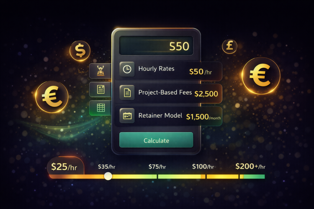 Freelance pricing calculator showing hourly rates from $25 to $200+ per hour with different pricing models including hourly, project-based, and retainer options