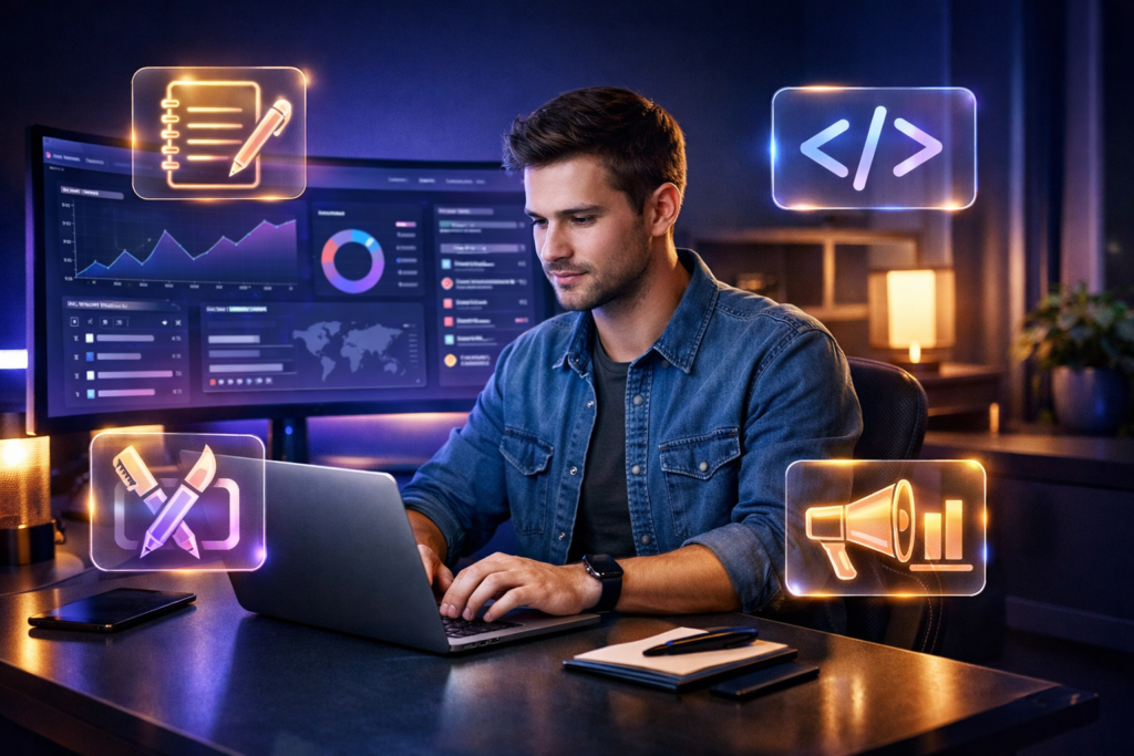 Professional freelancer working on laptop in modern home office with holographic icons showing freelance services like writing, coding, and design in 2026