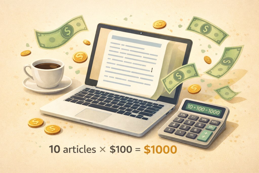 Freelance writing income illustration showing how to earn $1000 per month with article calculations and laptop displaying content creation