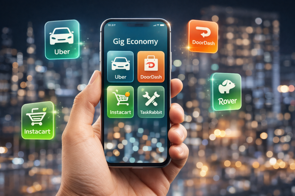 Smartphone displaying gig economy apps including DoorDash, Uber, Instacart, TaskRabbit, and Rover for secondary income opportunities in USA