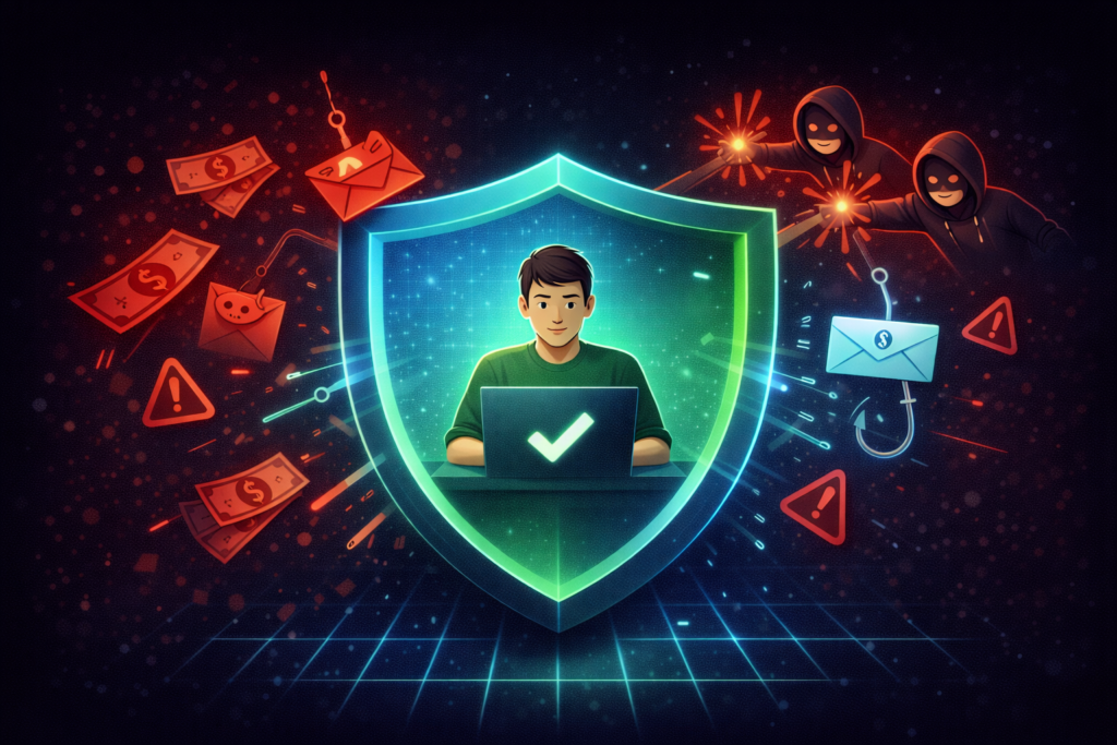 Freelance scam protection guide showing security shield blocking fake clients, phishing attempts, and payment fraud with safe freelancer workspace