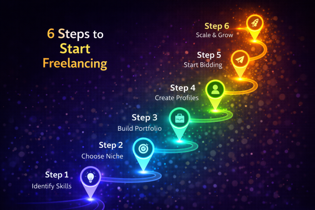 Step-by-step roadmap to start freelancing in 2026 showing six stages from identifying skills to scaling your freelance business with milestone icons