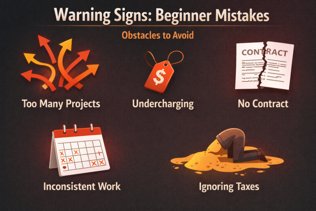 Five common secondary income mistakes to avoid including overextension, underpricing, no contracts, inconsistency, and ignoring taxes