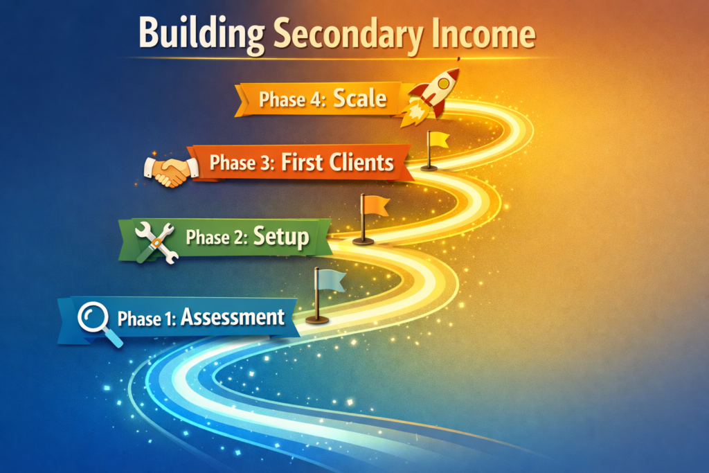 Four-phase roadmap to building secondary income from assessment through setup, first clients, and scaling with milestone icons