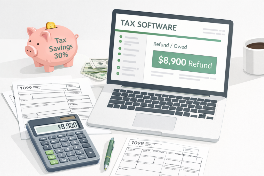 Secondary income tax preparation scene with 1099 forms, calculator, and 30% tax savings piggy bank for self-employment taxes
