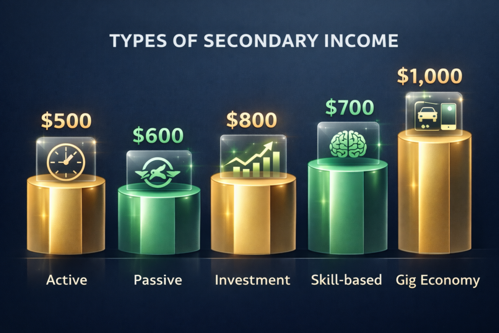 Comparison infographic of five secondary income types showing active, passive, investment, skill-based, and gig economy revenue streams with earning potential