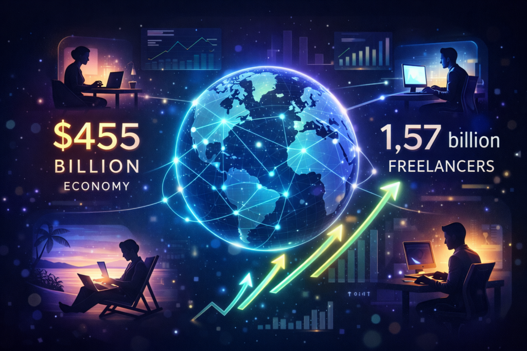 Global freelance economy infographic showing 1.57 billion freelancers worldwide and $455 billion market value in 2026 with connected professionals across the globe