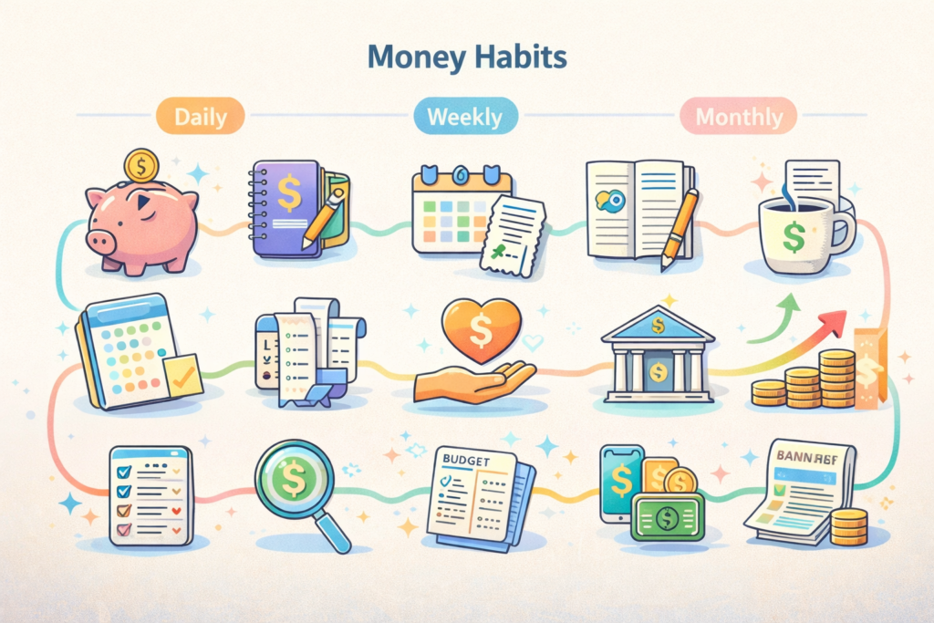 12 small money habits to pick up including daily weekly monthly and quarterly financial routines