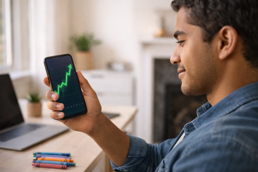 Beginner investor checking micro-investing app on smartphone showing portfolio growth chart - how to start investing with little money