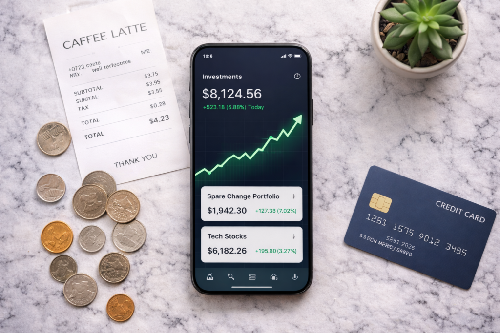 Micro-investing app on smartphone surrounded by spare change and receipts showing round-up investment concept