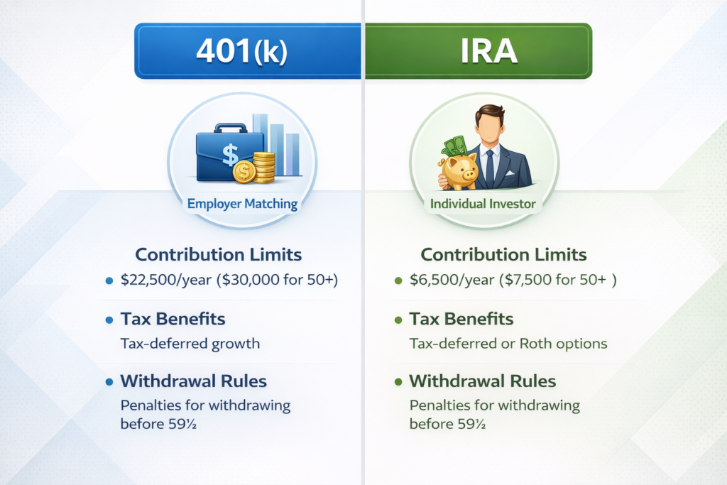 401k vs IRA retirement account comparison infographic showing key differences and tax benefits for investors