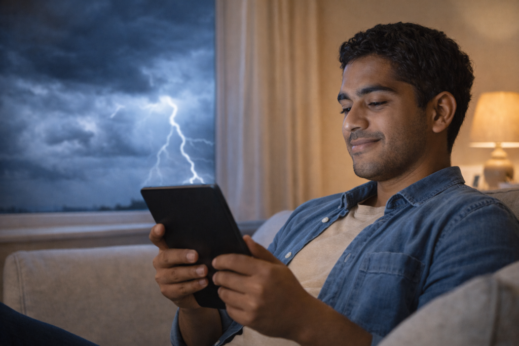 Calm investor reviewing portfolio during market volatility representing long-term investment mindset and patience