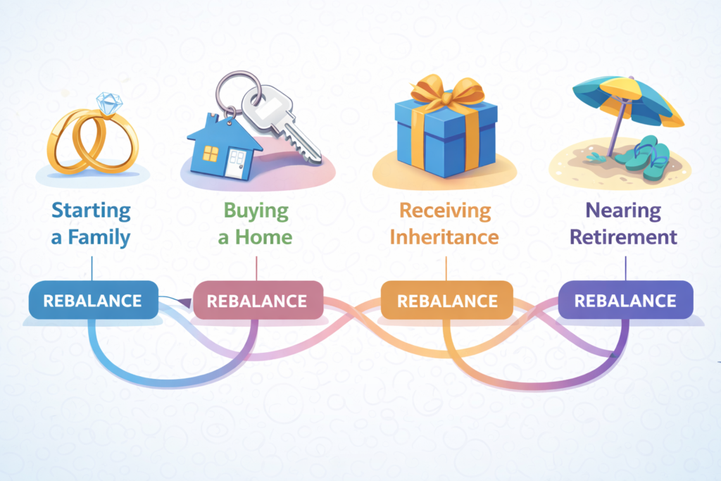 Life events timeline showing when to rebalance investment portfolio including family, home, inheritance, and retirement