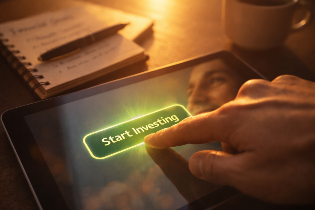 Finger tapping start investing button on tablet representing taking first step into beginner investing journey