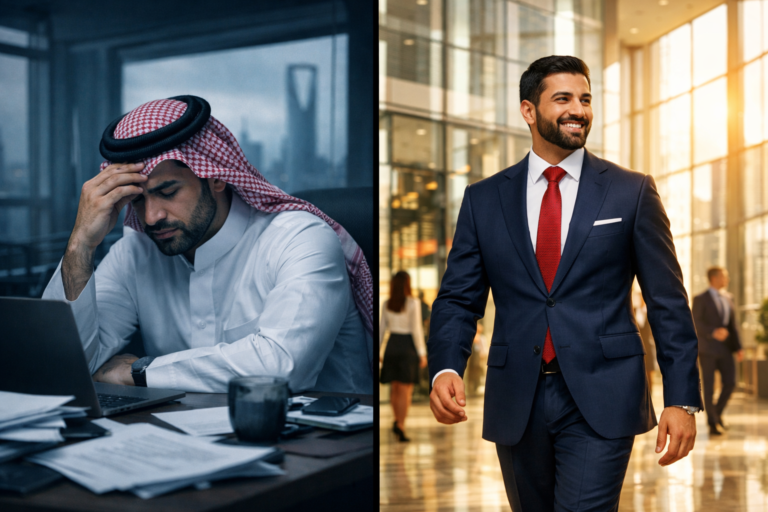 Career advancement KSA: A Saudi professional transitioning from feeling stuck to achieving career growth.