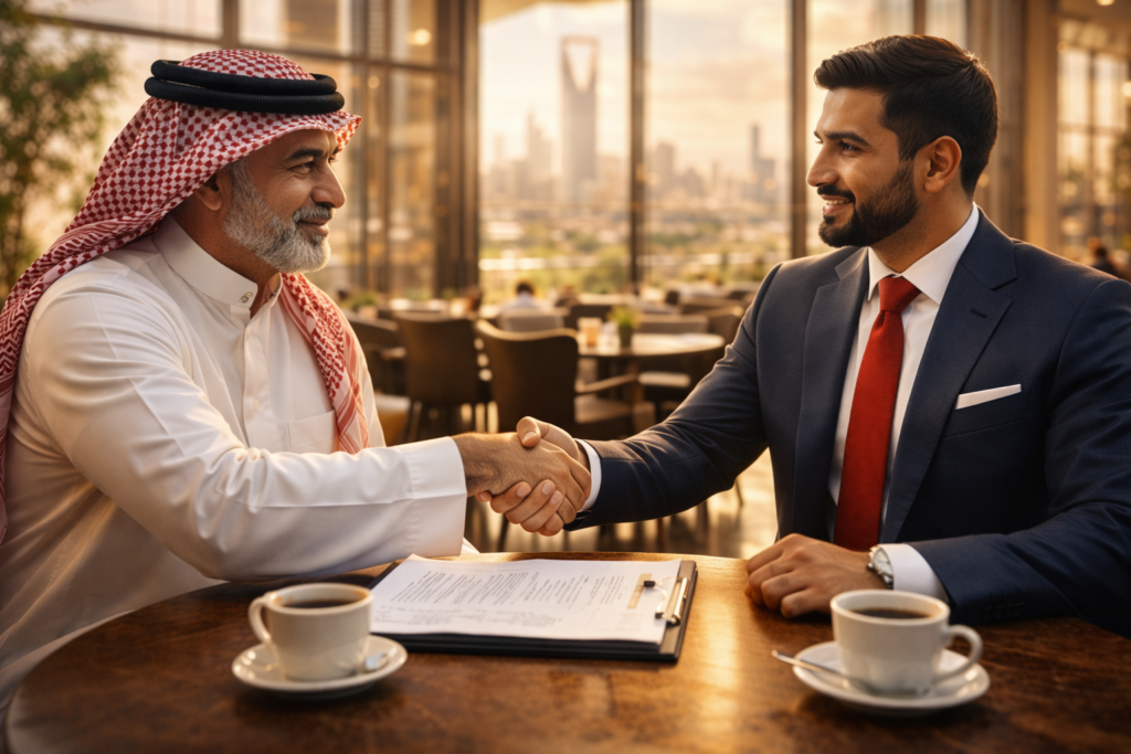 Mentorship Saudi Arabia: Two professionals discussing career growth strategies in a modern Riyadh setting.