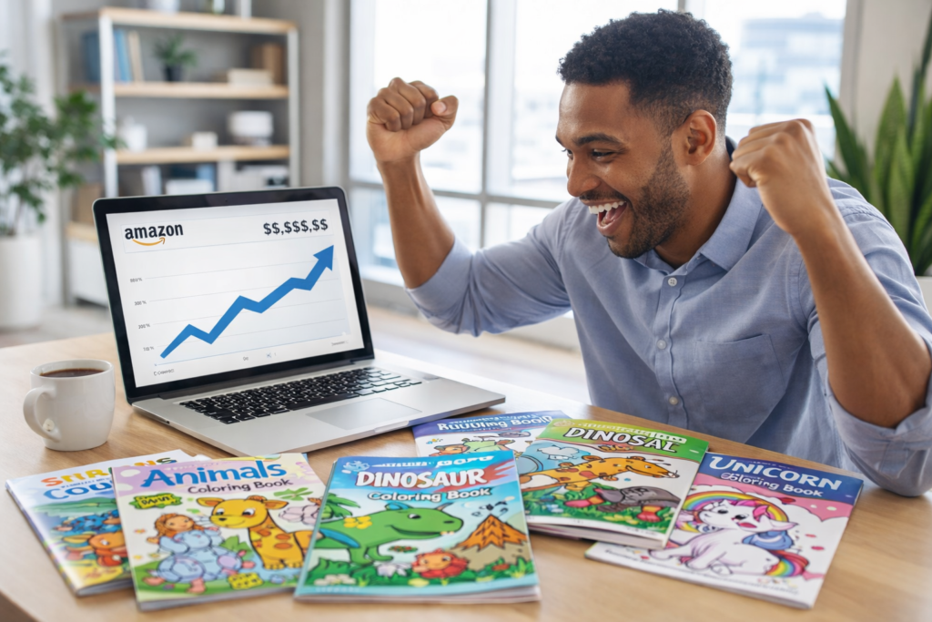 Successful Amazon KDP coloring book business owner checking sales
