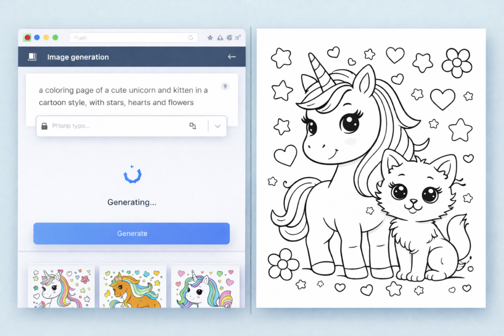 AI-generated coloring book page example using prompts for Amazon KDP publishing