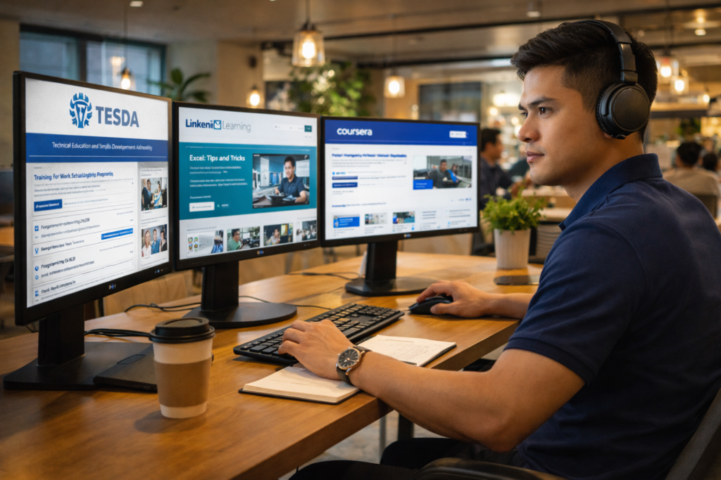 Filipino worker engaging in upskilling opportunities Philippines through online training and professional certification courses