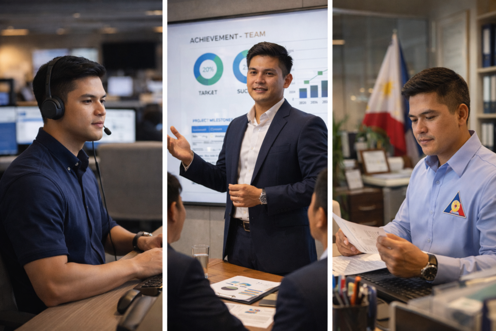 Career advancement strategies Metro Manila showing BPO career advancement Philippines, corporate promotion, and government service paths