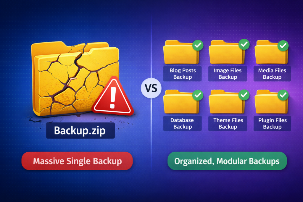Comparison of risky single-file WordPress backup vs safe per-post content extraction