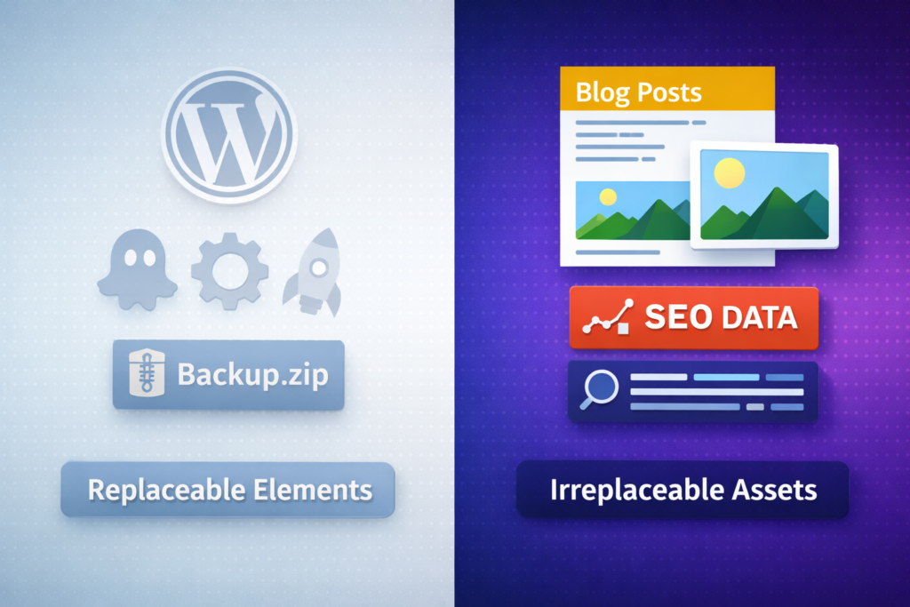 Diagram showing replaceable WordPress files vs irreplaceable blog content that needs protection