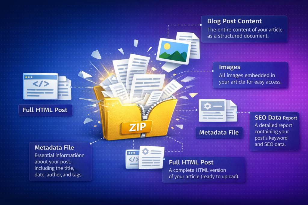 Complete content extraction package showing blog content, images, alt text, SEO data, and comments files