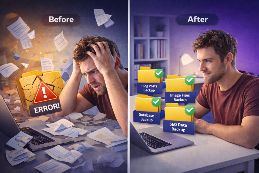 Before and after comparison of losing blog content vs having organized content backups
