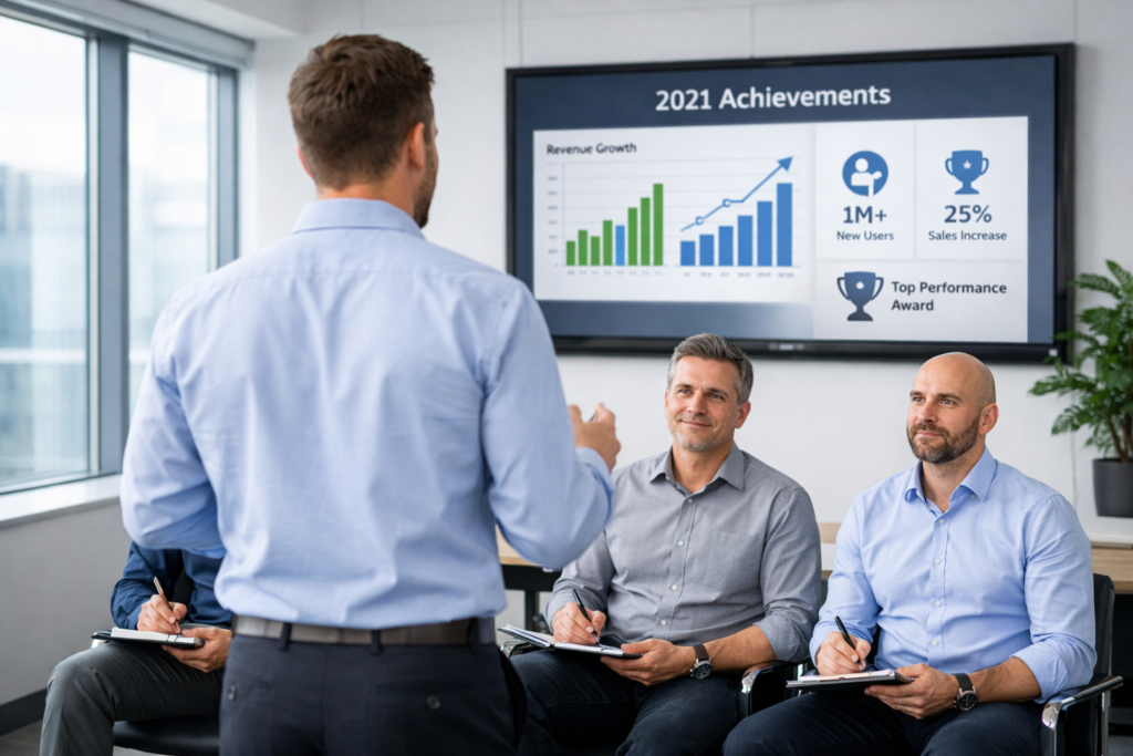 Employee presenting achievements to leadership team for career visibility