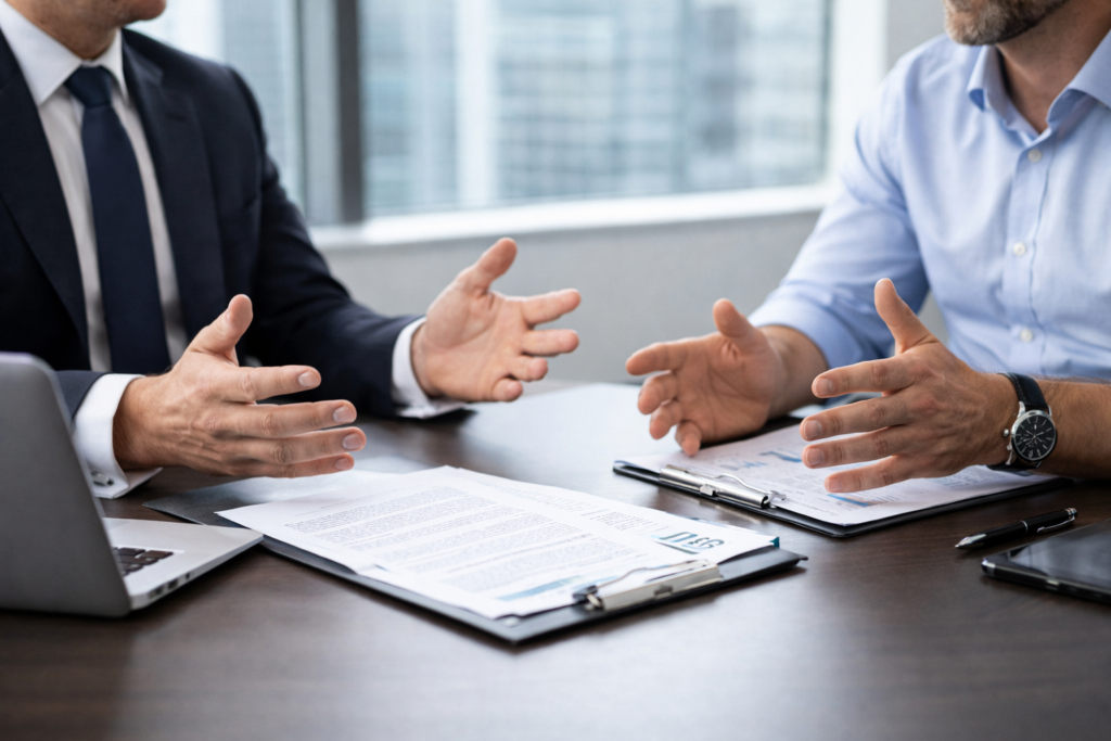 Professional negotiating salary increase with manager in UK workplace