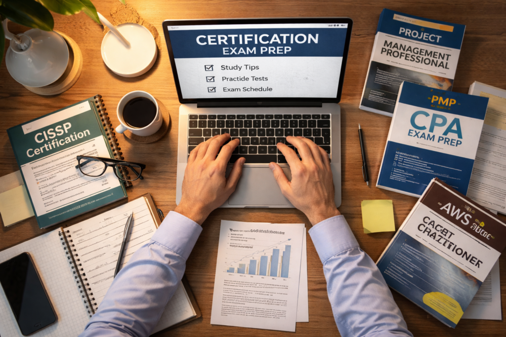 UK professional pursuing career certifications through online learning