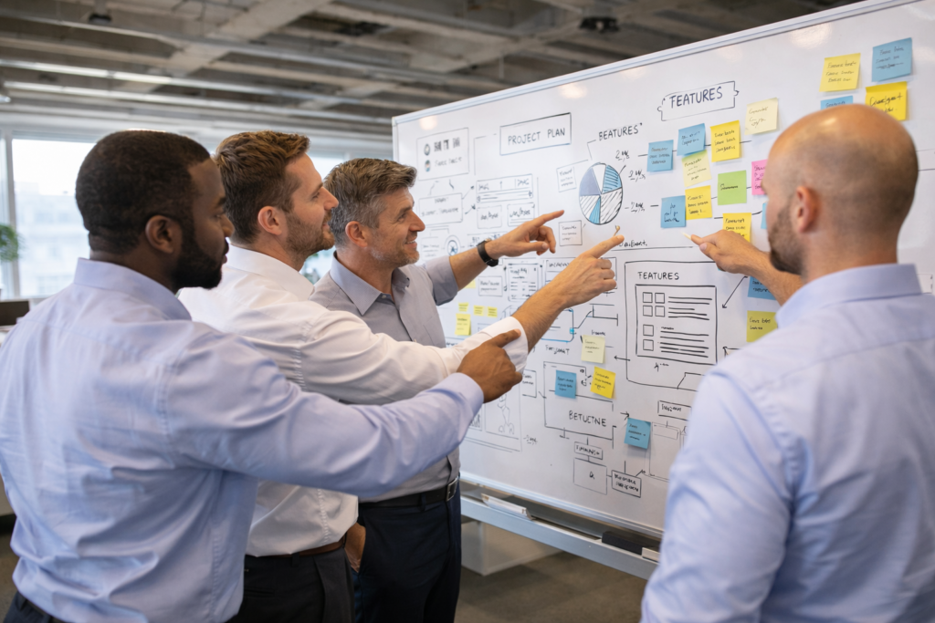 Team collaborating on high-visibility strategic project in modern office