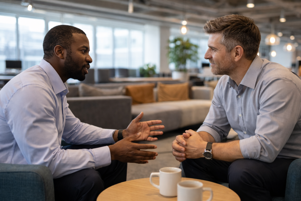 Professional demonstrating emotional intelligence through active listening at work