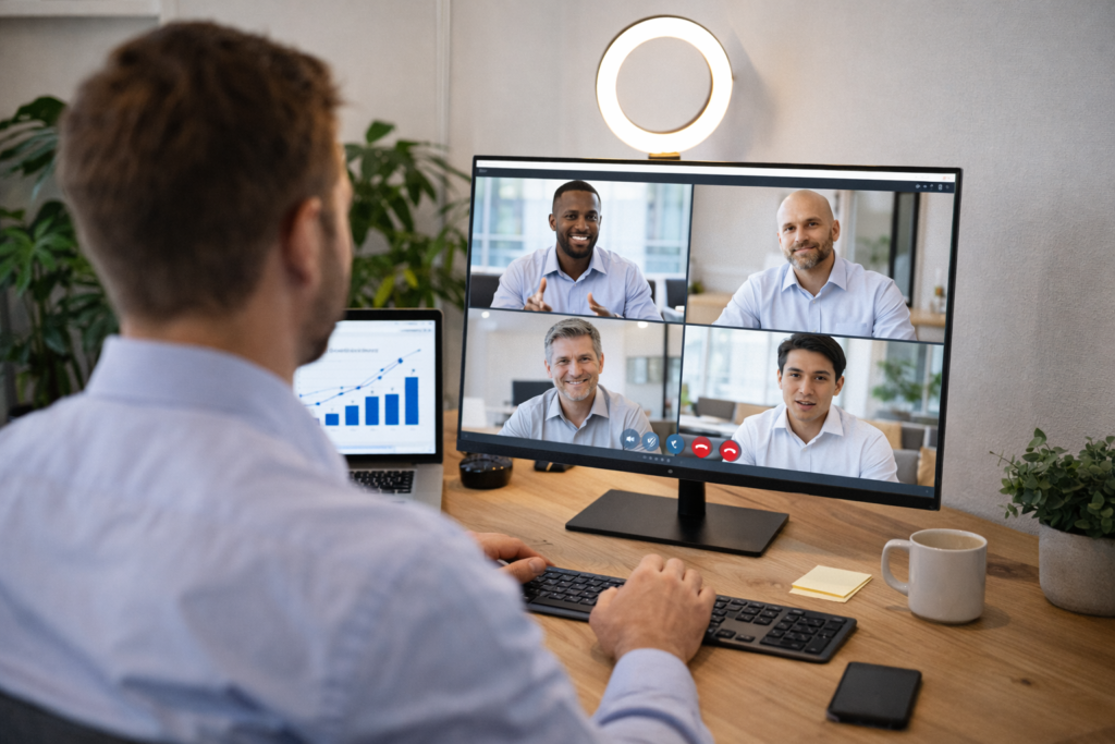 Remote worker maintaining visibility through video meeting with UK team