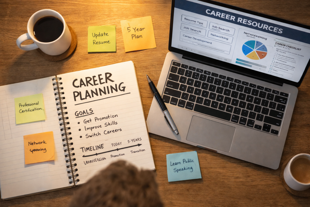 Career development plan with goals and timeline on organised desk