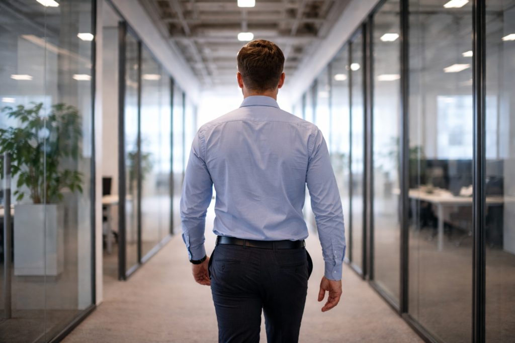 Professional moving forward confidently on career advancement journey