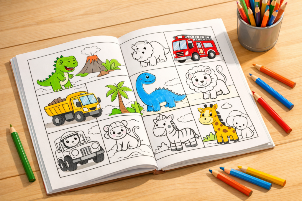 
Open coloring book displaying kids' favorite niches including dinosaurs, vehicles, and animals with bright colored pencils
