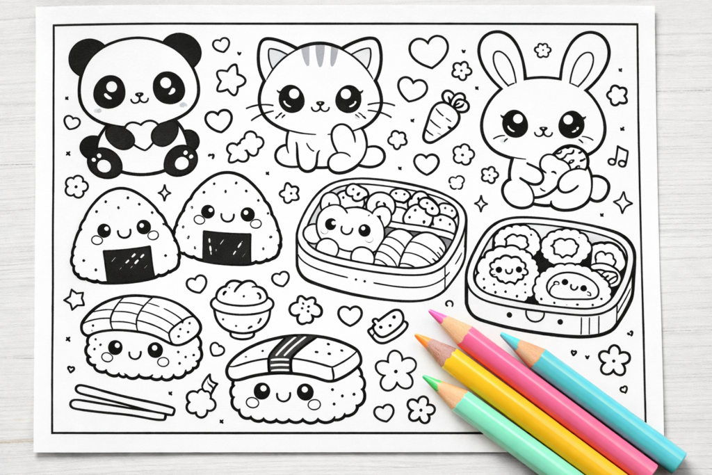 
Kawaii-style coloring book page with cute Japanese animals and food illustrations perfect for Japan's coloring book market
