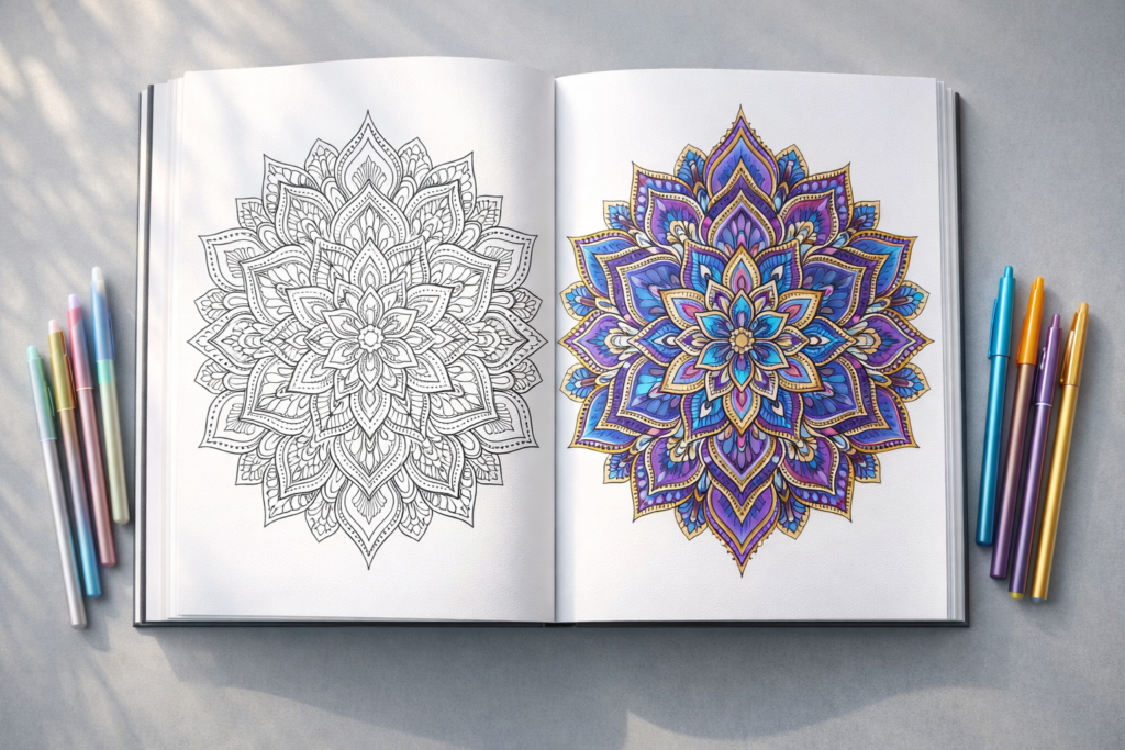 
Intricate mandala coloring book page with geometric patterns showing both uncolored and finished colored versions for adult colorists
